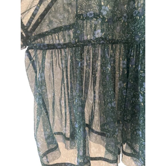 Free People Sheer Floral Blouse SP Green Long Sleeve Back Tie Oversized Boho - Picture 2 of 4